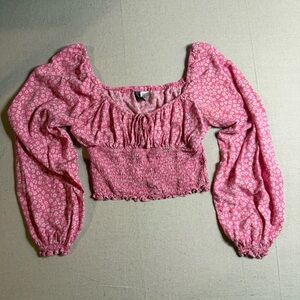 H&M Pink Floral Smocked Crop Blouse Puff Sleeve Cottagecore Top Small